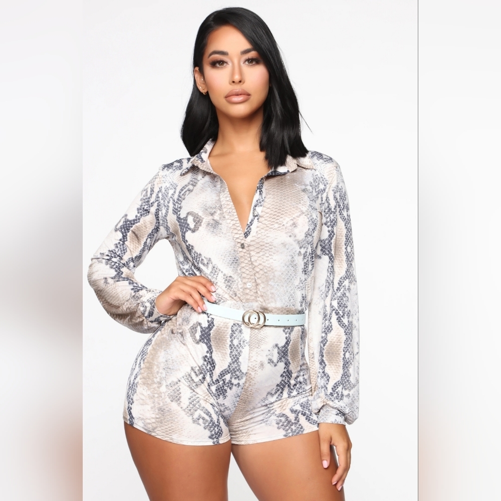 Fashion Nova Snap At You Snake Print Romper - Taupe Combo, Size L
